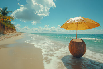 Stickers  Coconut resting on sandy beach.  © Yusup