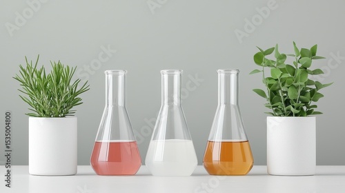 Laboratory Experiment with Colorful Liquids in Glass Beakers and Green Plants on White Table against Gray Background