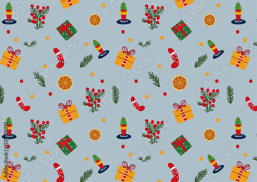 Kids Christmas print with vibrant color. Wallpaper, fashion and textile. Cute basic Gift print.