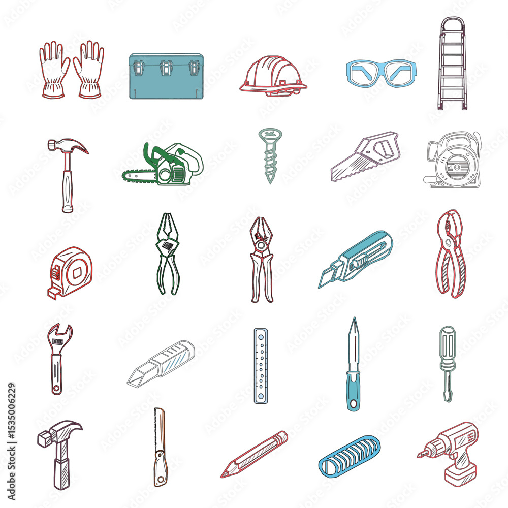 set of tools for construction. A collection of hand tools and power tools. Vector icon set of workshop tools, hand tools, power tools, and safety gear. Set of tools for repair. set of tools for construction. A collection of hand tools and power tools. Vector icon set of workshop tools, hand tools, power tools, and safety gear. Set of tools for repair.