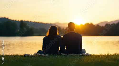 Couple Sitting on Grass by the Lake at Sunset with Calm Water and Silhouetted Mountains in Background
