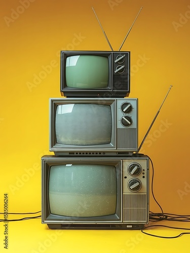 Stack of vintage televisions on yellow background retro televisions