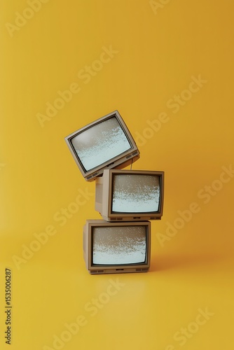 Three vintage televisions stacked on yellow background retro televisions static screen