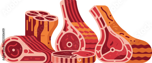  several different raw meat cuts depicted with a combination of flat and layered illustration techniques, creating a sense of depth and texture.