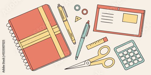 Flat lay of neatly arranged school essentials: notebooks, pens, calculator, scissors, and sticky notes