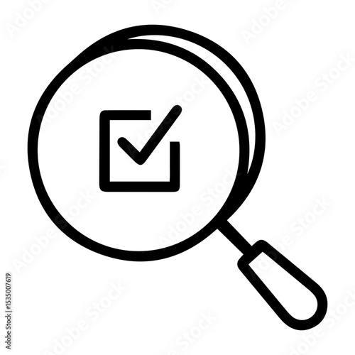 Outline style image depicts a magnifying glass, with a square checkbox containing a checkmark visible through its lens, symbolizing thorough verification or successful inspection. Related to auditing