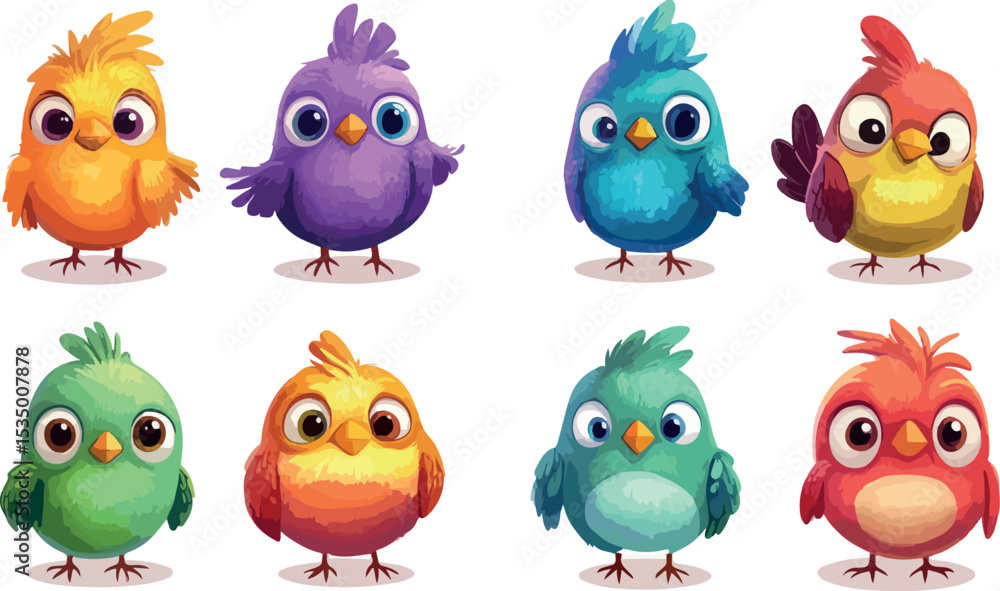 Fototapeta premium Collection of eight colorful cartoon birds standing in a row each with unique feather colors and expressions perfect for children s illustrations or springtime designs