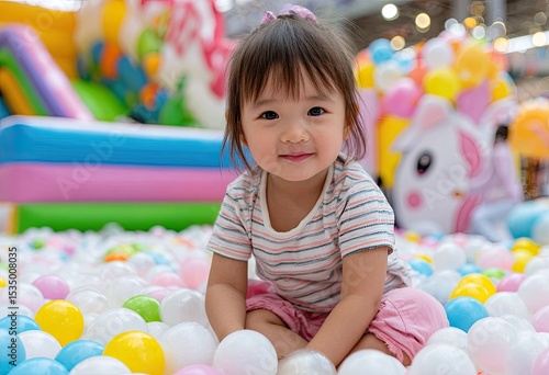 A little girl wearing pink shorts and a striped shirt is sitting in the ball pool, surrounded by white, blue, yellow, and green balls of different sizes