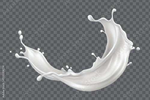 realistic 3d white  liquid milk splash with drops in curve style isolated on transparent background