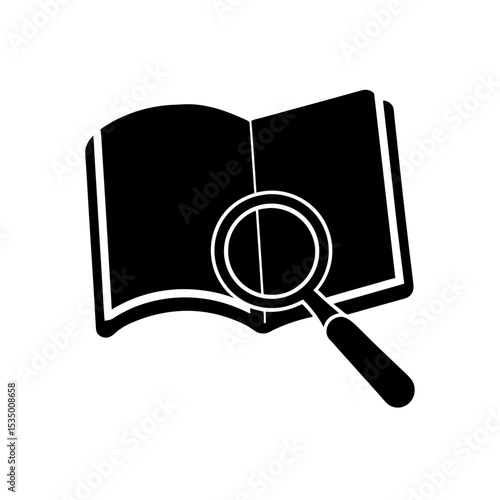 magnifying glass over book icon on white backgroun.svg