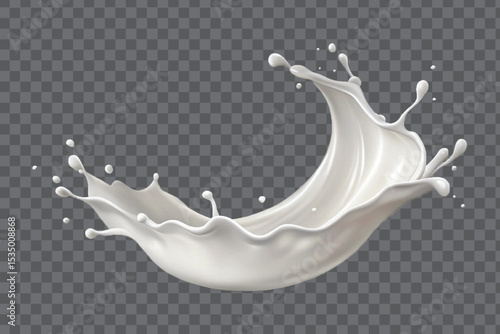 realistic 3d white  liquid milk splash with drops in curve style isolated on transparent background