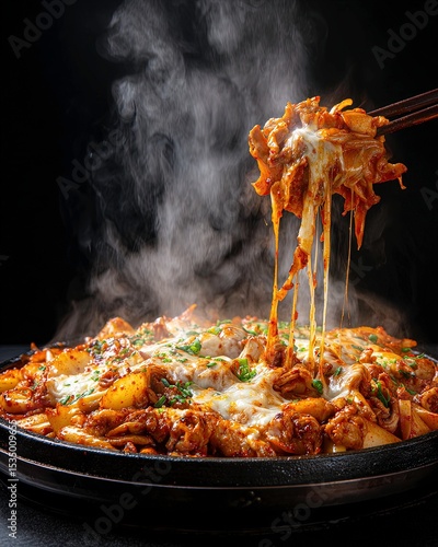 Korean Spicy Chicken with Cheese – Stir-fried Dakgalbi on Hot Pan with Melting Cheese