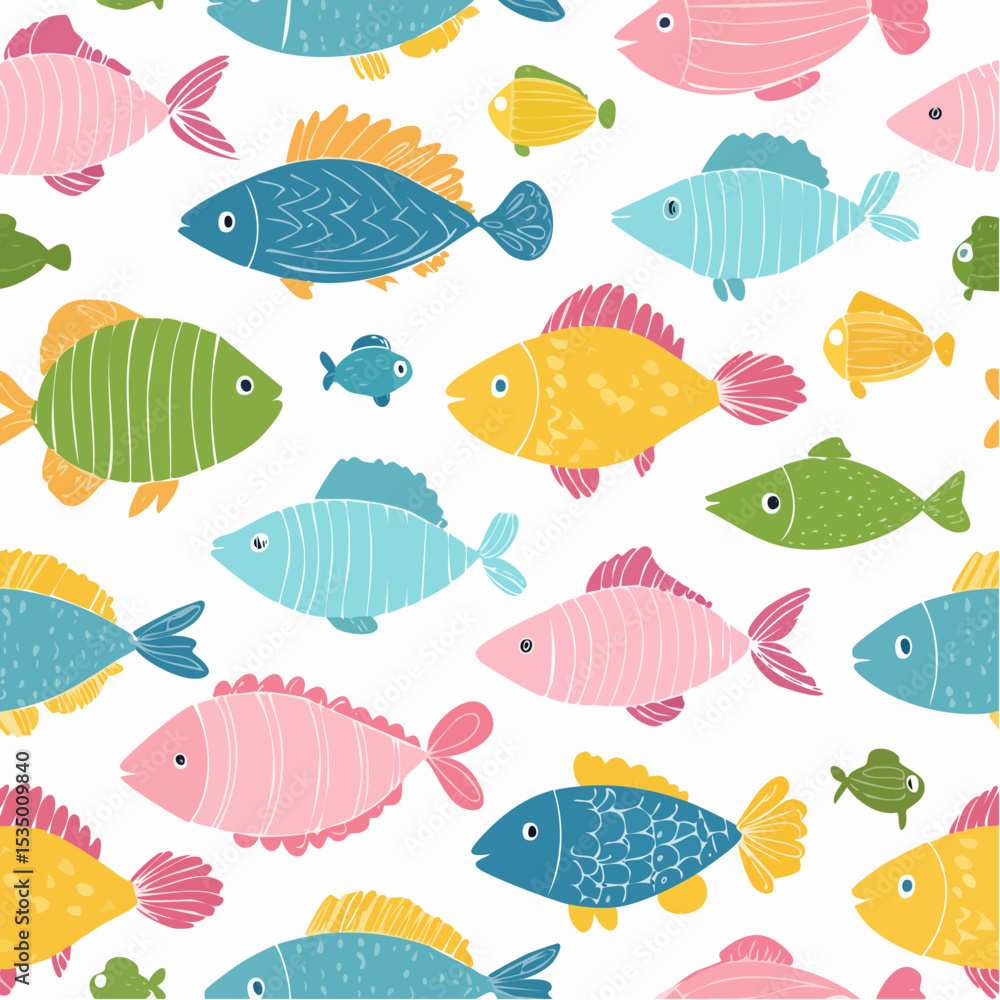 Naklejka premium Colorful cute hand drawn fish cartoon seamless pattern