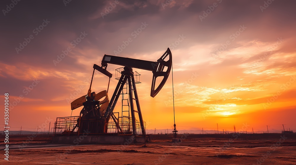 Oil Pump Jack Silhouette Against Dramatic Sunset Sky Oil Pump Jack Silhouette Against Dramatic Sunset Sky
