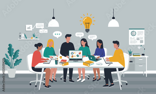 Flat design illustrations of diverse business teams in meetings, brainstorming sessions, and collaborative work, surrounded by lightbulbs and ideas. Perfect for business presentations, articles etc