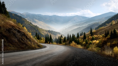 Fototapeta Naklejka Na Ścianę i Meble -  Rustic nature landscape of winding mountain road through golden forest during fall misty air distant peak viewed wide human eye road level perspective cozy autumn sky custom background 