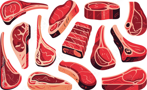 A scattered arrangement of various raw meat cuts is displayed, illustrating different types of portions. 