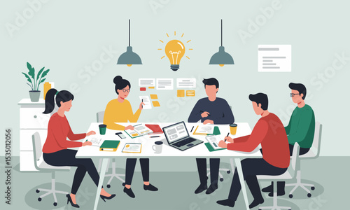 Flat design illustrations of diverse business teams in meetings, brainstorming sessions, and collaborative work, surrounded by lightbulbs and ideas. Perfect for business presentations, articles etc