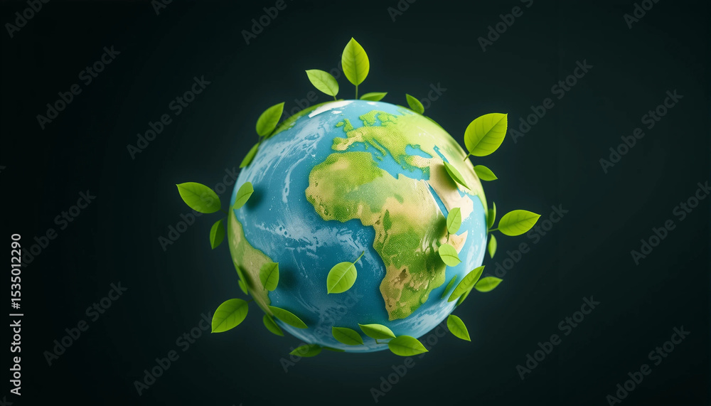 Naklejka premium 3D earth with green leaves symbolizing eco-friendly concept, sustainability, and environmental protection.