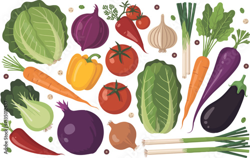 A variety of vegetables, including cabbage, onions, peppers, tomatoes, garlic, leeks, carrots, eggplant, and more, are presented in a flat illustration style.