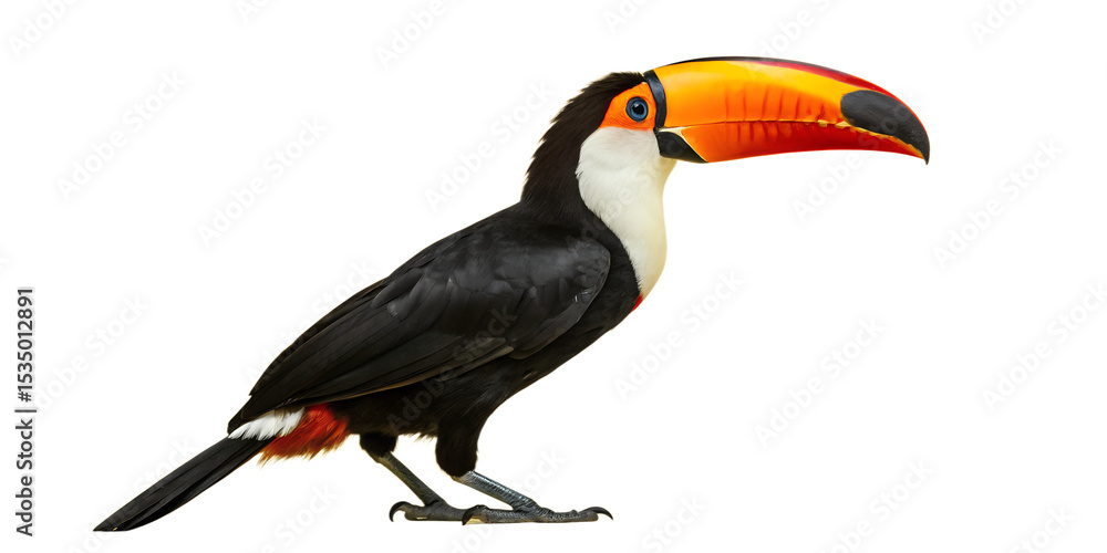 Fototapeta premium Colorful tropical toucan with a large yellow beak isolated on transparent background