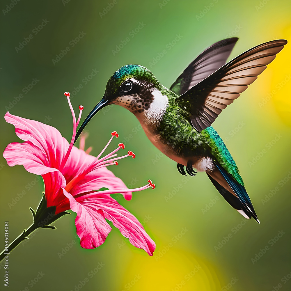 Fototapeta premium Hummingbird Hovers Gracefully as It Feeds on Blooming Hibiscus—A Delicate Dance of Nature’s Beauty in Vivid Color and Motion Amid Tropical Tranquility and Lush Green Surroundings