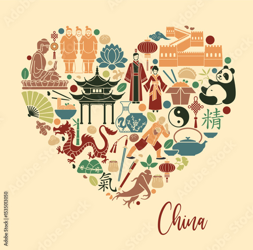 Heart Shape with Flat Icons of Chinese Culture, Food, Art and Architecture