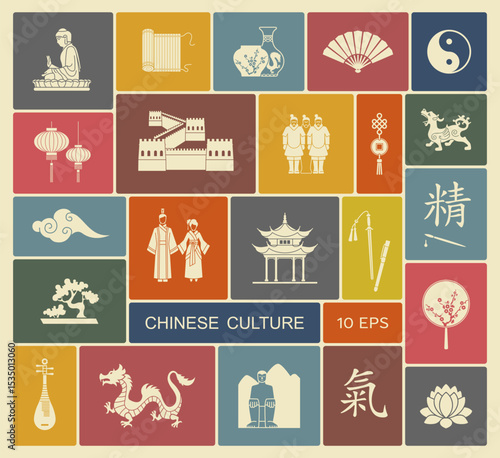 Chinese culture, art and historical heritage. Flat glyph vintage icons