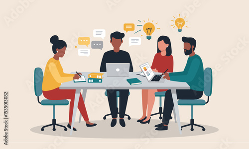 Flat design illustrations of diverse business teams in meetings, brainstorming sessions, and collaborative work, surrounded by lightbulbs and ideas. Perfect for business presentations, articles etc