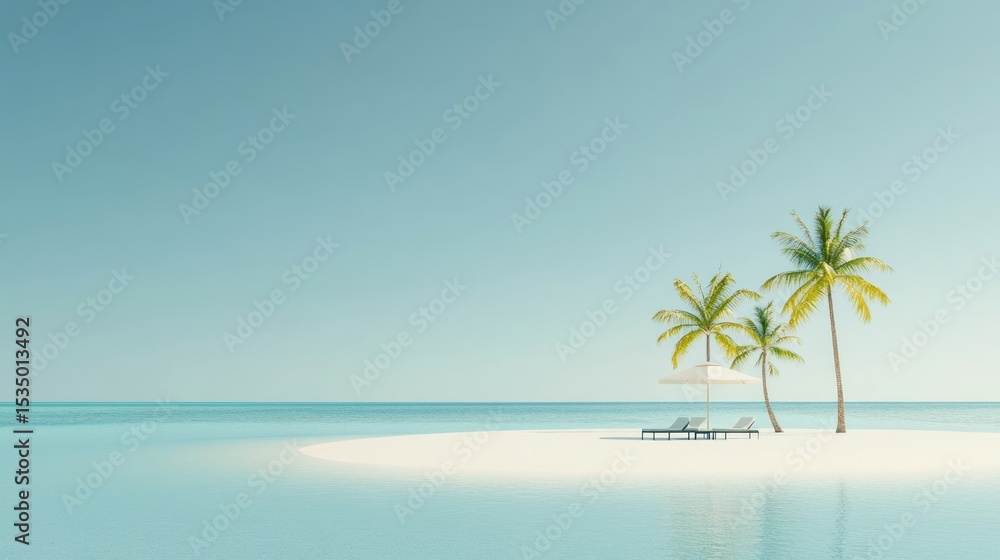 Fototapeta premium Serene tropical beach scene with chaise lounges and palm trees.