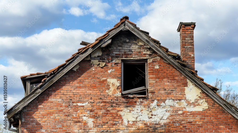 Damaged brick house gable, broken roof tiles, open window, chimney against cloudy sky. Damaged brick house gable, broken roof tiles, open window, chimney against cloudy sky.