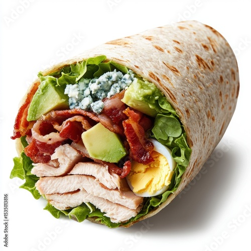 Freshly prepared wrap with grilled chicken avocado blue cheese crispy bacon lettuce egg tomato and creamy dressing on a flour tortilla