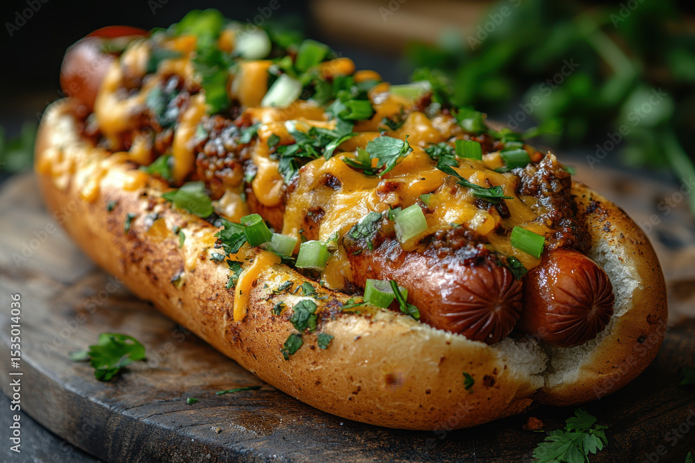 Hot dog topped with cheese on wooden board. Hot dog topped with cheese on wooden board.