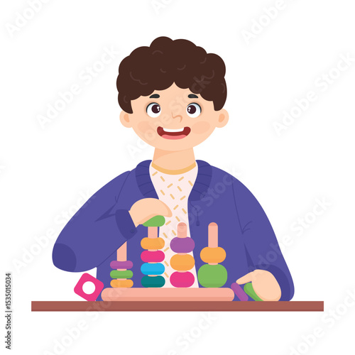 A little boy plays with a sorter or pyramid. Vector illustration in cartoon style, can be used for poster, illustration, logo, emblem