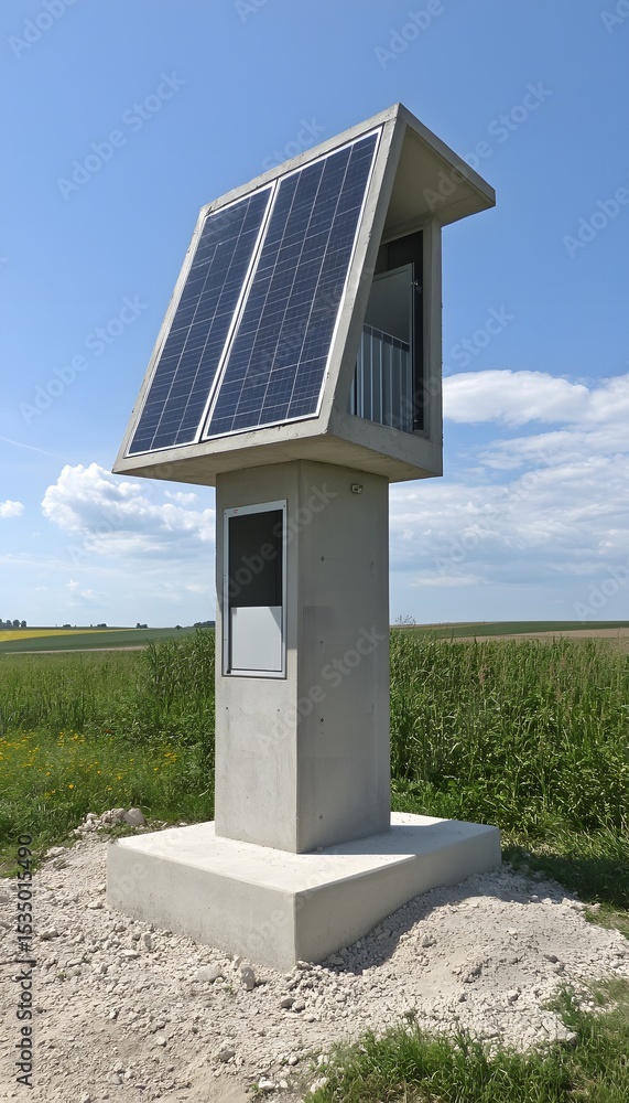 Obraz premium Concrete post with solar panels on a rural road.