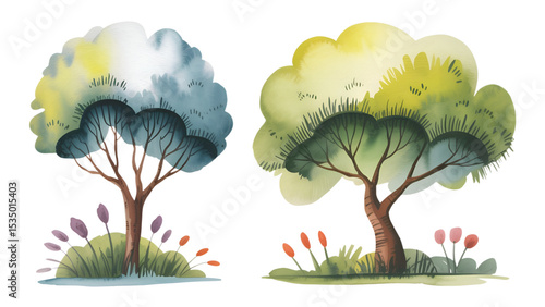 set of watercolor trees vector illustration.