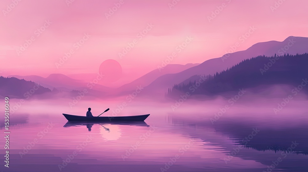 Fototapeta premium A person rows a small boat on a calm lake at sunrise.