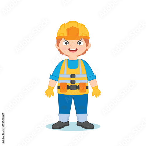 Cute boy in a builder's uniform. Vector illustration in cartoon style can be used for cards, stickers, games, decals