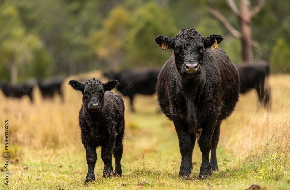 Captivating Cow and Calf on Grassy Meadow, Gaze Intently, Livestock Farm Animals together at Pasture on a Sunny Day Captivating Cow and Calf on Grassy Meadow, Gaze Intently, Livestock Farm Animals together at Pasture on a Sunny Day