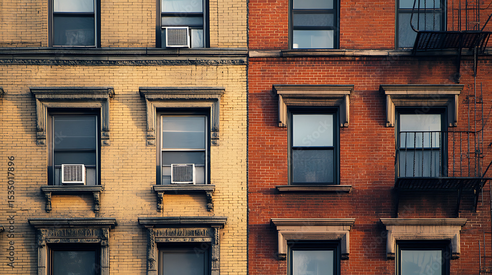 Fototapeta premium Contrasting Facades: Yellow and Red Brick Buildings with Windows and Air Conditioners