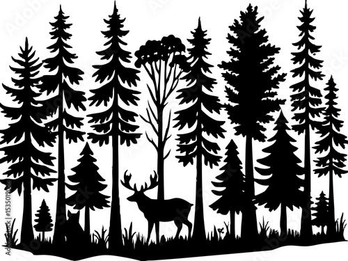 Silhouette Forest Scene – Woodland Animals in Spruce and Poplar Landscape Vector

