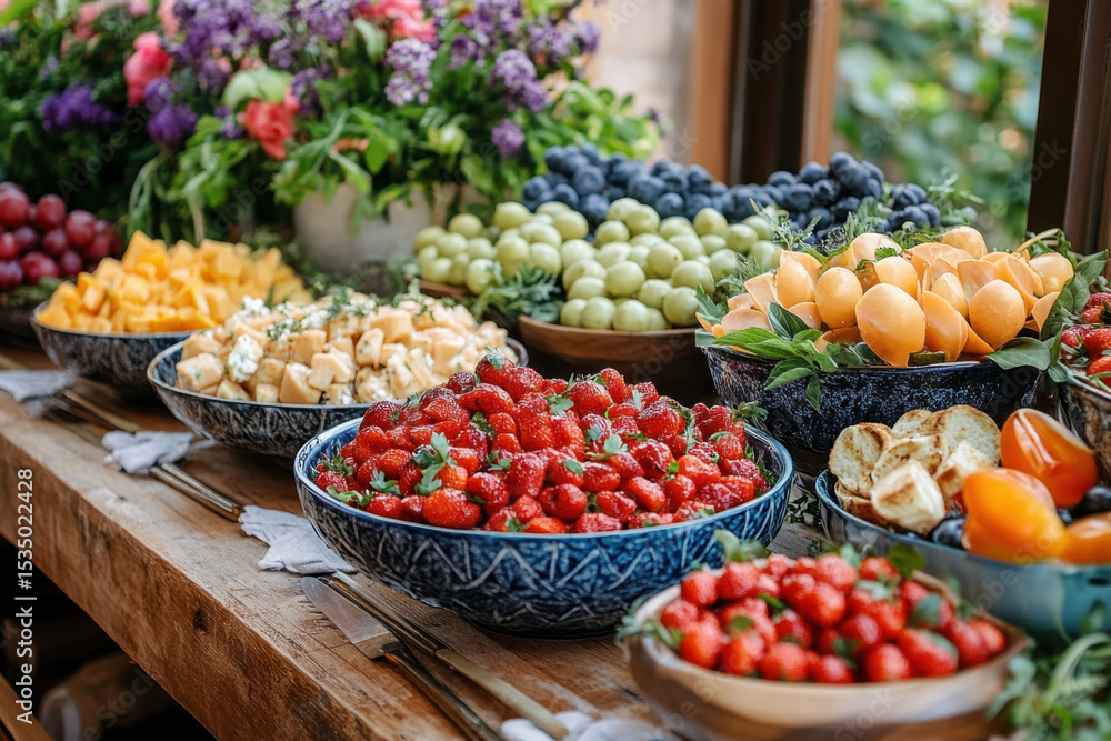 Bowls of fruit and vegetables on table. Bowls of fruit and vegetables on table.
