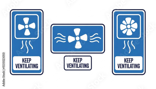 Keep Ventilating Sign Collection | Blue and White Ventilation Symbol Set for Clean Air, Industrial Safety and Equipment Operation