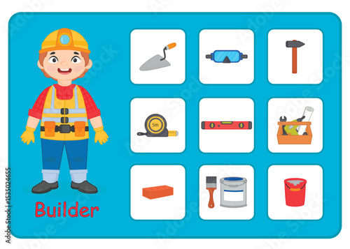 Game for preschool children. Studying professions. Set map - puzzle. Cute boy in a builder's uniform, construction equipment and tools. Vector illustration in cartoon style