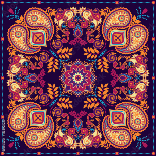 Colorful Paisley Scarf Pattern. Indian Ethnic Mandala Art Bohemian Ornamental Design. Vector illustration floral and leaf motifs damask style.