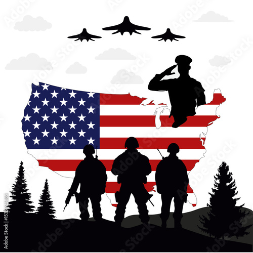 silhouette of army with a flag of the united states