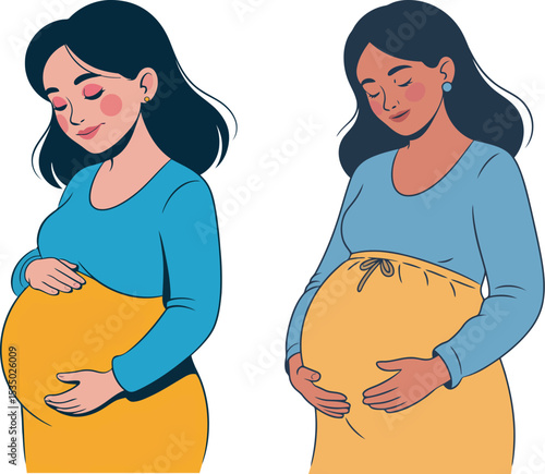 Two illustrations of pregnant women are shown, each holding their belly with slightly different skin tones and clothing. 