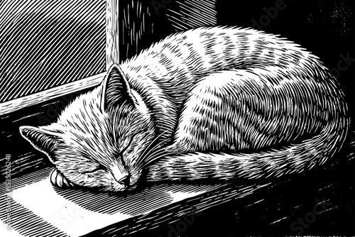 Sleepy cat curled up on a windowsill with soft light falling across its fur black and white sketch vector