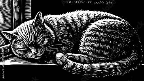 Sleepy cat curled up on a windowsill with soft light falling across its fur black and white sketch vector