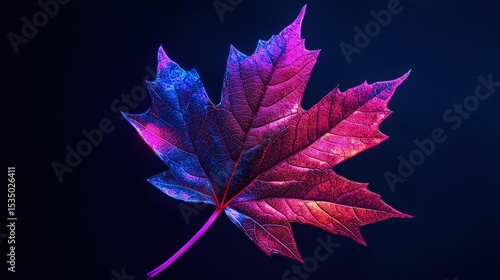 Vibrant, neon-lit maple leaf against a dark background.